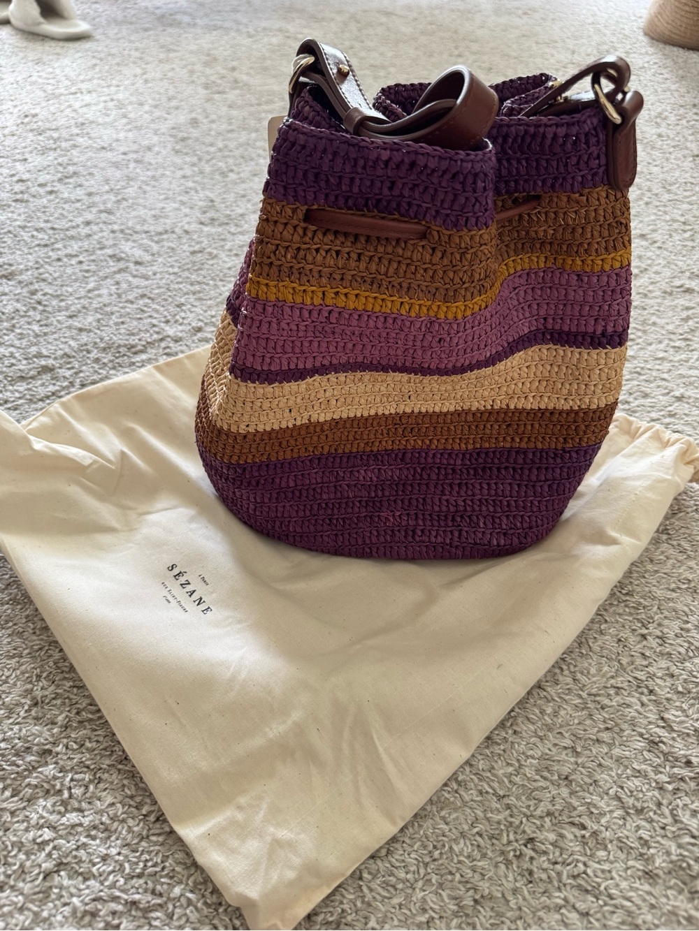 Sezane Farrow Woven Striped Drawstring Bucket Bag - Picture 5 of 10